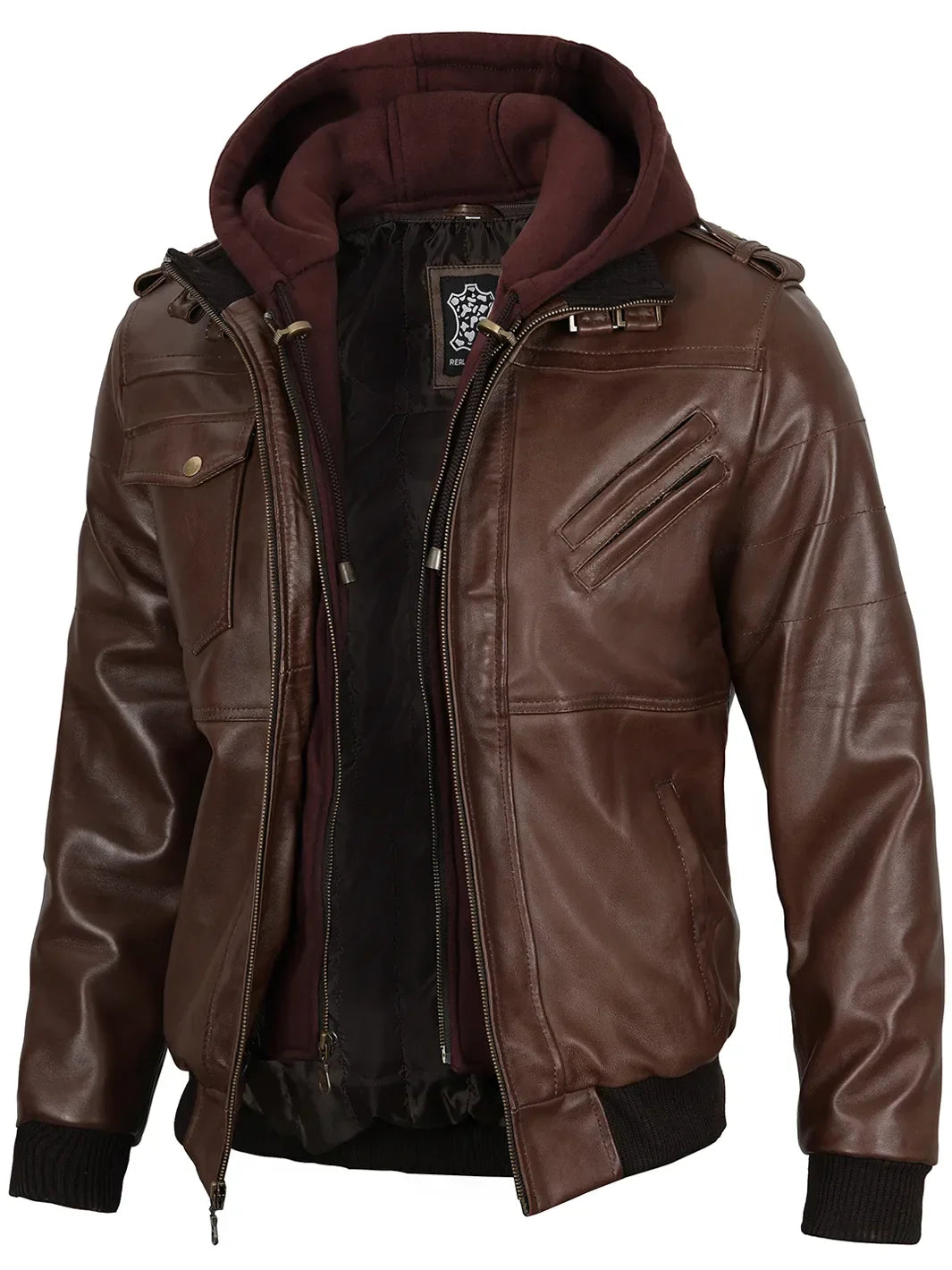 Edinburgh Men's Dark Brown Leather Bomber Jacket With Removable Hood