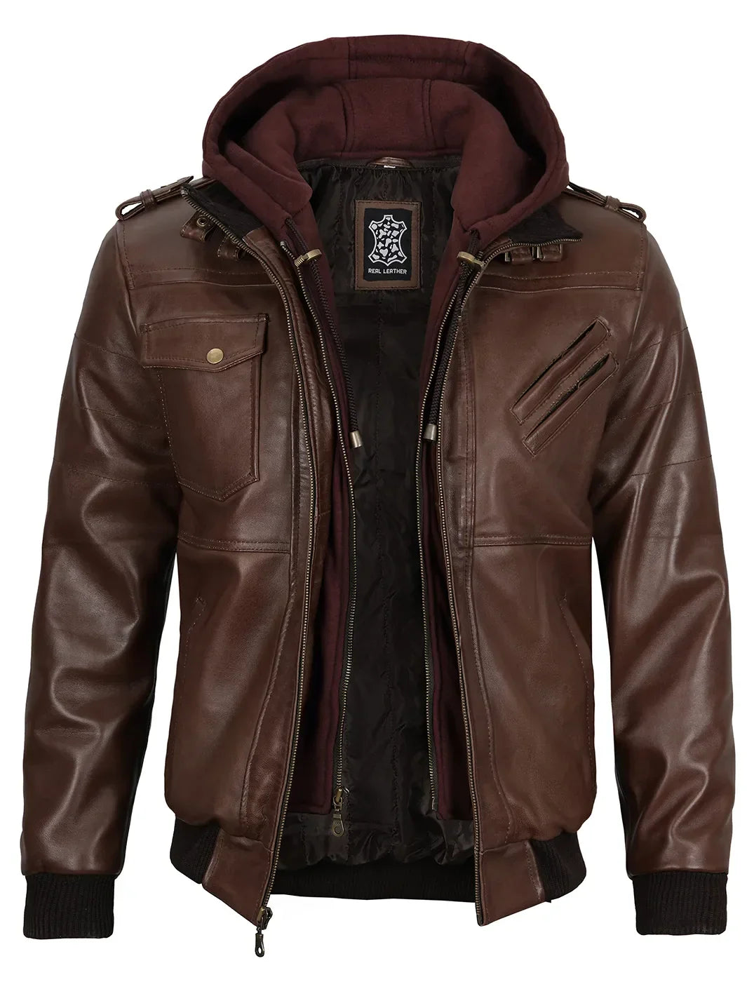 Edinburgh Men's Dark Brown Leather Bomber Jacket With Removable Hood