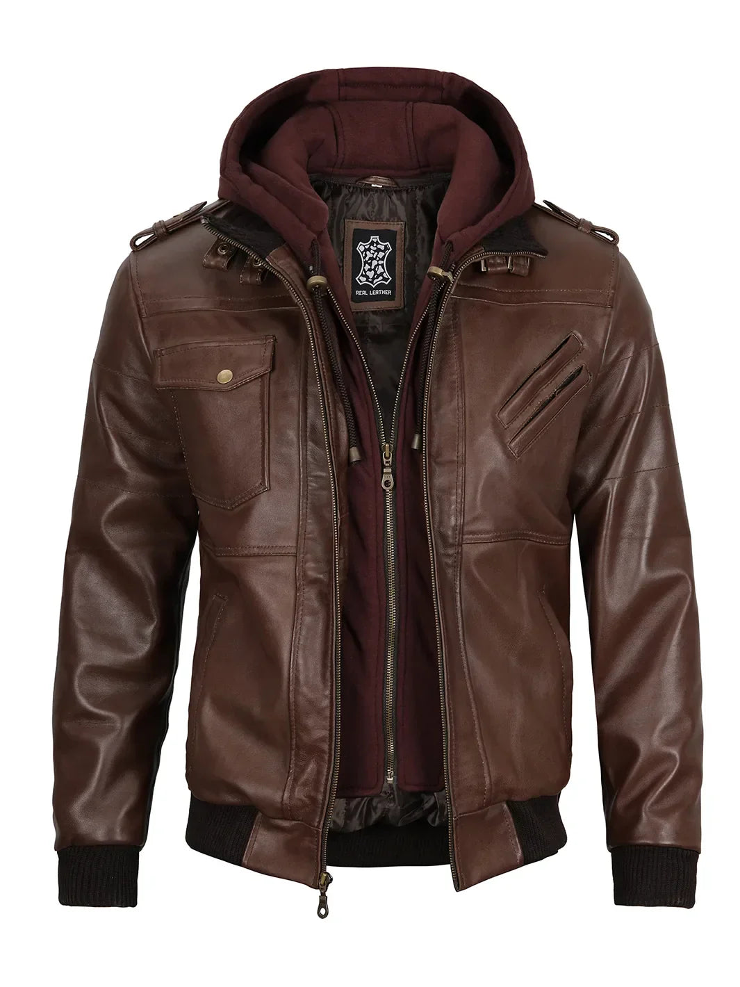 Edinburgh Men's Dark Brown Leather Bomber Jacket With Removable Hood
