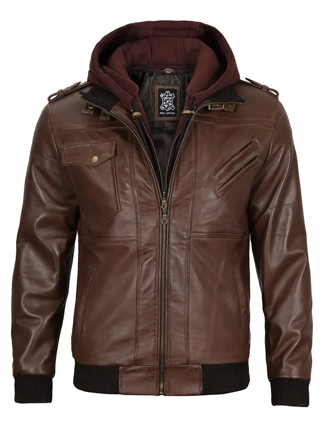 Edinburgh Men's Dark Brown Leather Bomber Jacket With Removable Hood