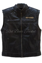 Men's Handmade Distressed HD Motorcycle Leather Vest With Embroidered Patches | Men Harley Davidson Triple Vent Passing Link Leather Vest