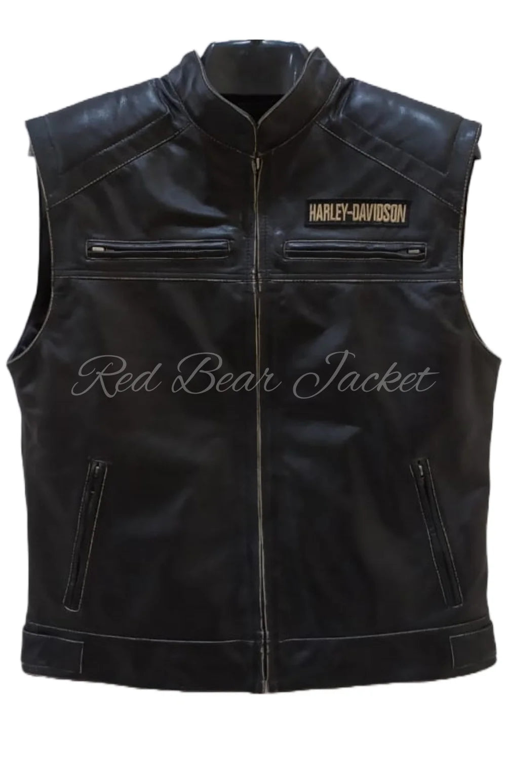 Men's Handmade Distressed HD Motorcycle Leather Vest With Embroidered Patches | Men Harley Davidson Triple Vent Passing Link Leather Vest
