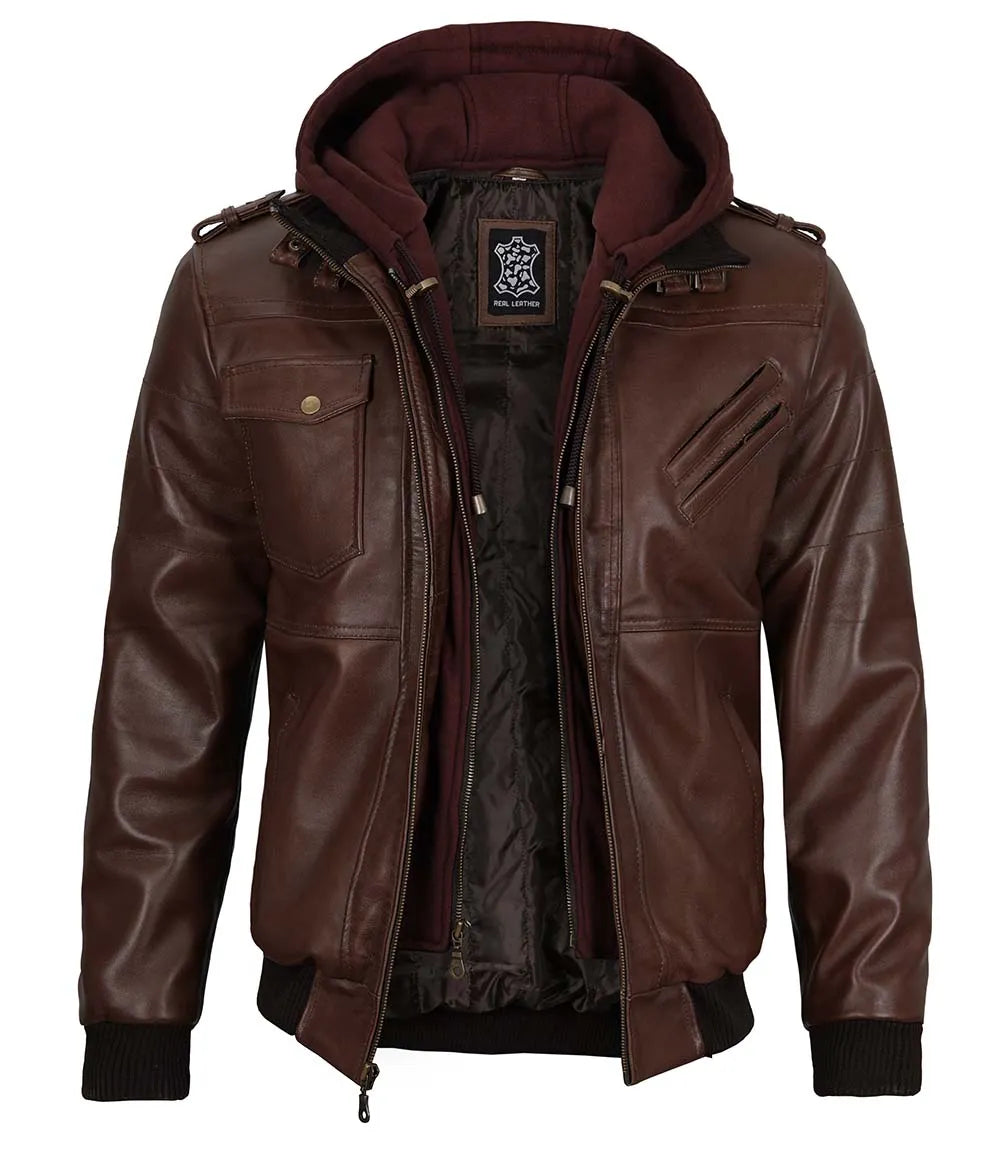Tall Mens Bomber Dark Brown Removable Hooded Leather Jacket