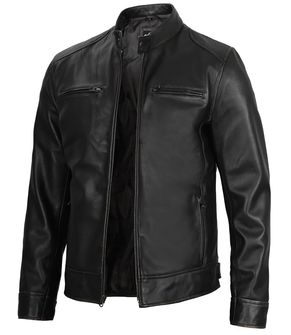 Dodge Tall Men's Black Cafe Racer Style Leather Jacket