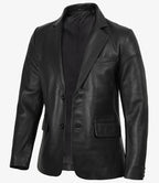 Men's Notch Lapel Two Button Black Leather Blazer Jacket