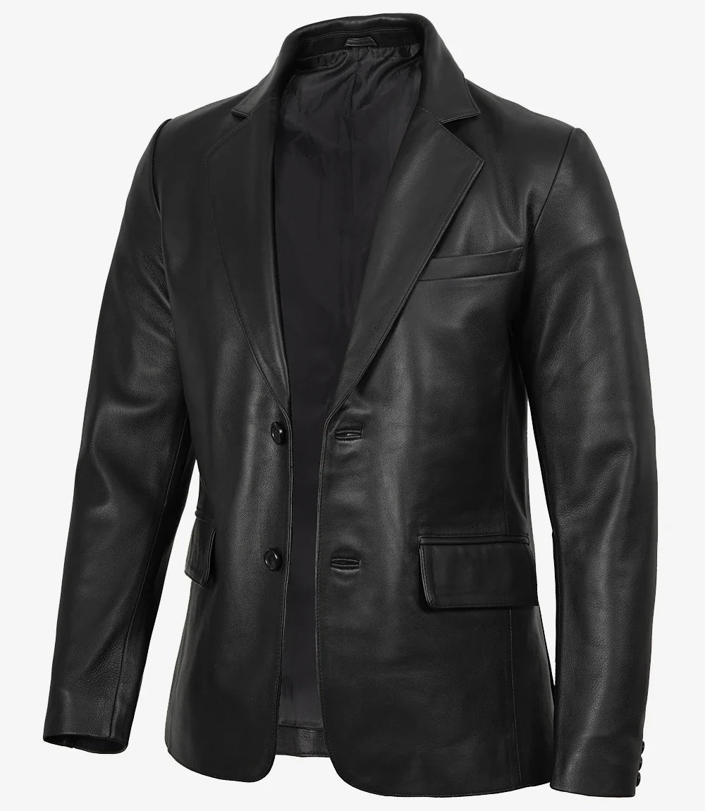 Men's Notch Lapel Two Button Black Leather Blazer Jacket
