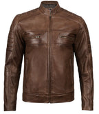 Men's Distressed Coffee Brown Leather Cafe Racer Style Jacket