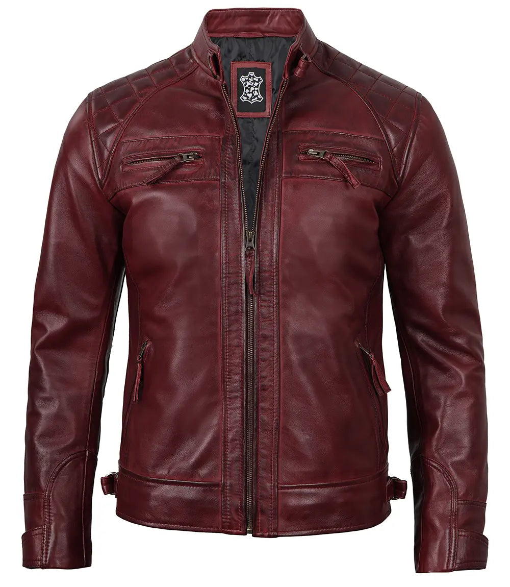 Tall Men's Real Leather Burgundy Biker Style Jacket