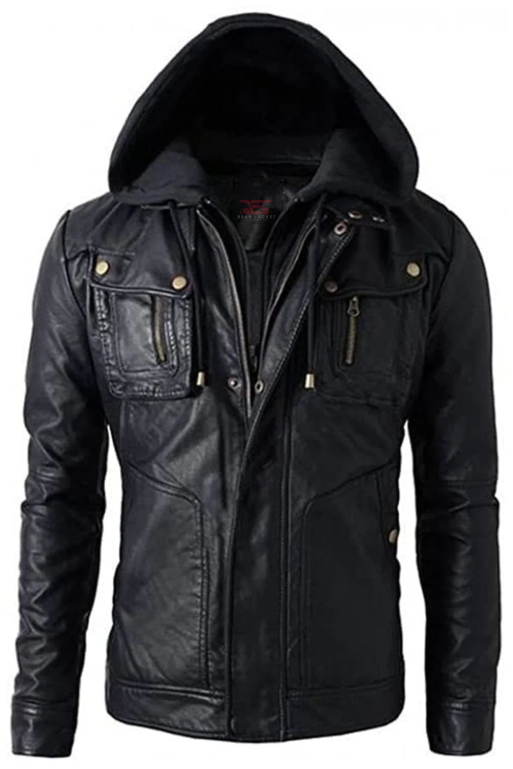 Abel Removable Hooded Black Leather Biker Jacket
