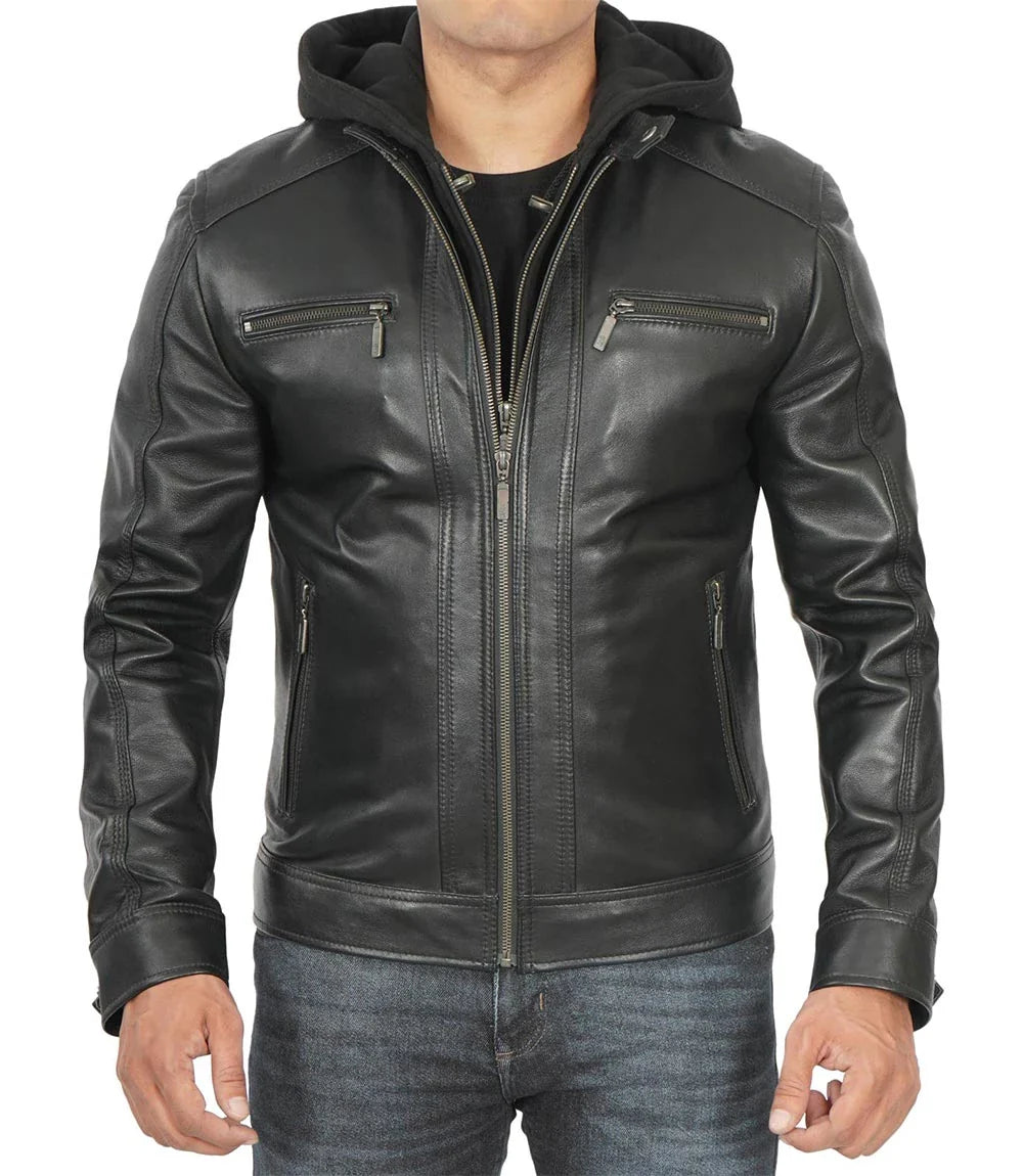Merrill Men's Black Hooded Leather Jacket