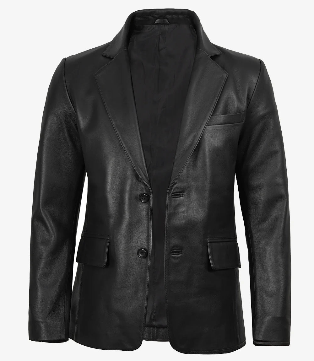 Men's Notch Lapel Two Button Black Leather Blazer Jacket