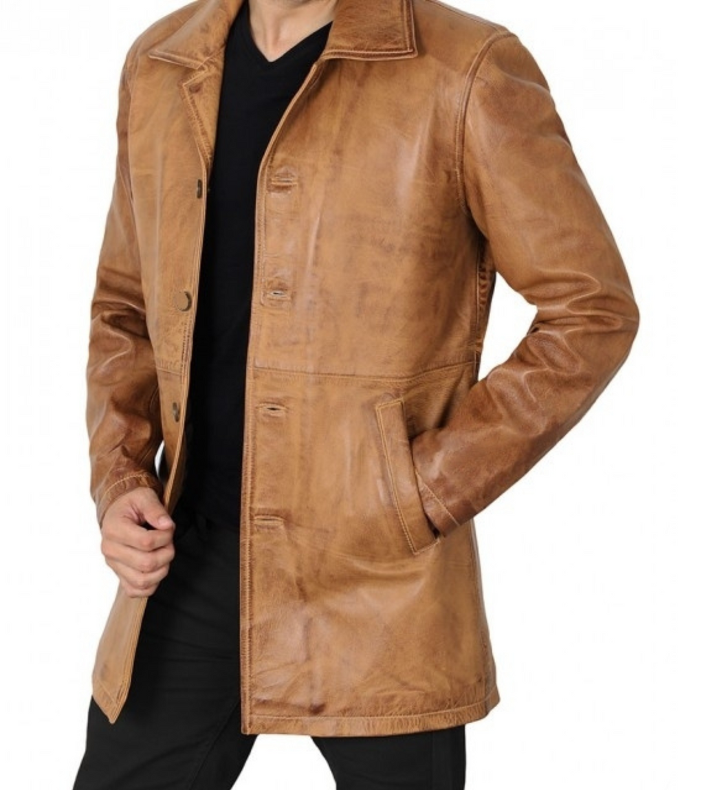 Mens Distressed Brown Real Sheepskin 3/4 Leather Car Coat