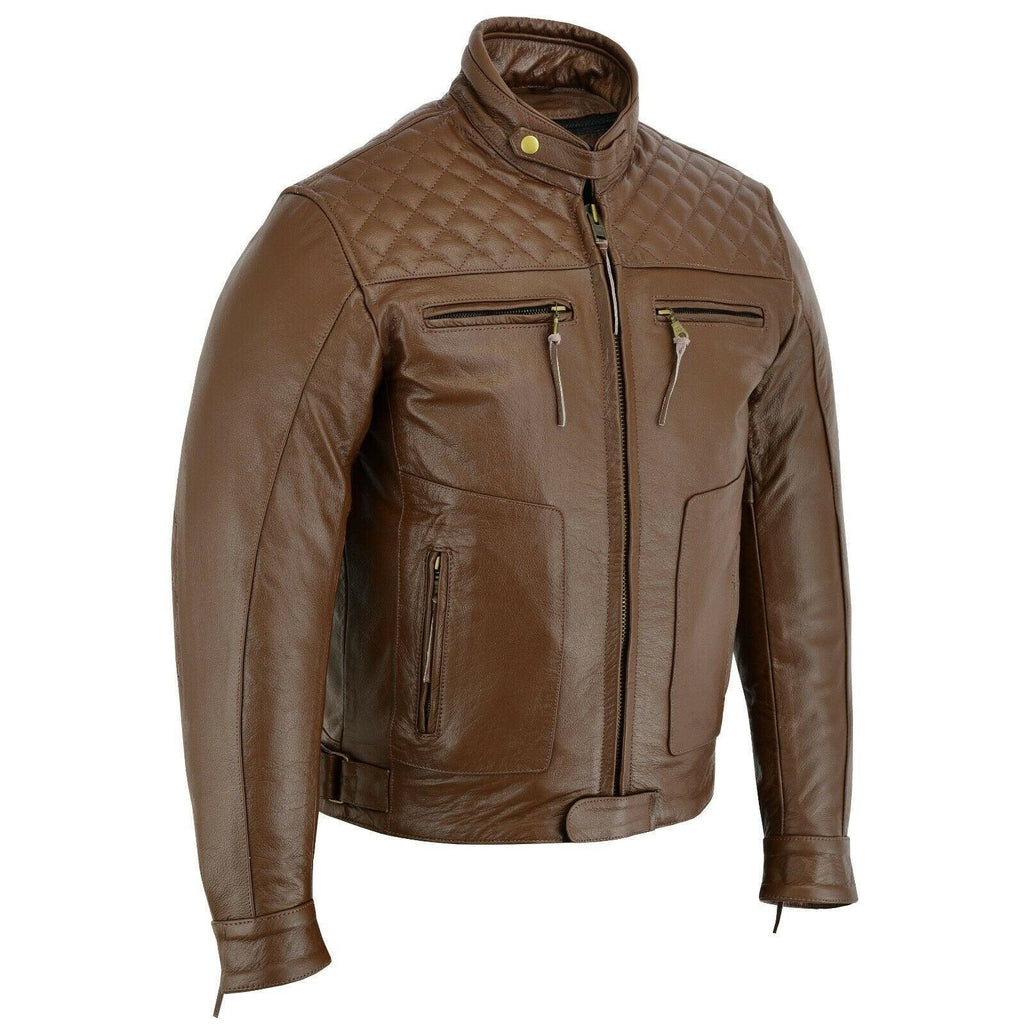 Mens's Brown Motorbike Motorcycle Diamond Leather Jacket CE Protection Cowhide