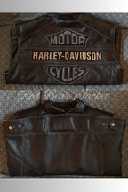 Men's Handmade Distressed HD Motorcycle Leather Vest With Embroidered Patches | Men Harley Davidson Triple Vent Passing Link Leather Vest