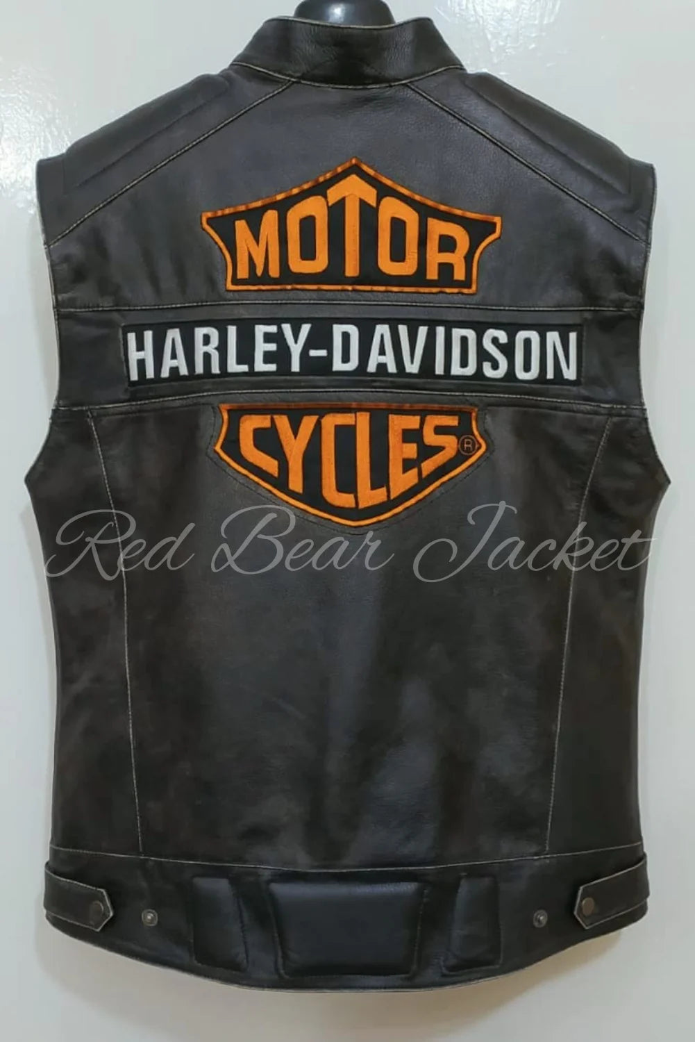 Men's Handmade Distressed HD Motorcycle Leather Vest With Orange Embroidered Patches | Men Harley Davidson Triple Vent Passing Link Leather Vest