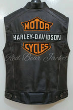 Men's Handmade Distressed HD Motorcycle Leather Vest With Orange Embroidered Patches | Men Harley Davidson Triple Vent Passing Link Leather Vest