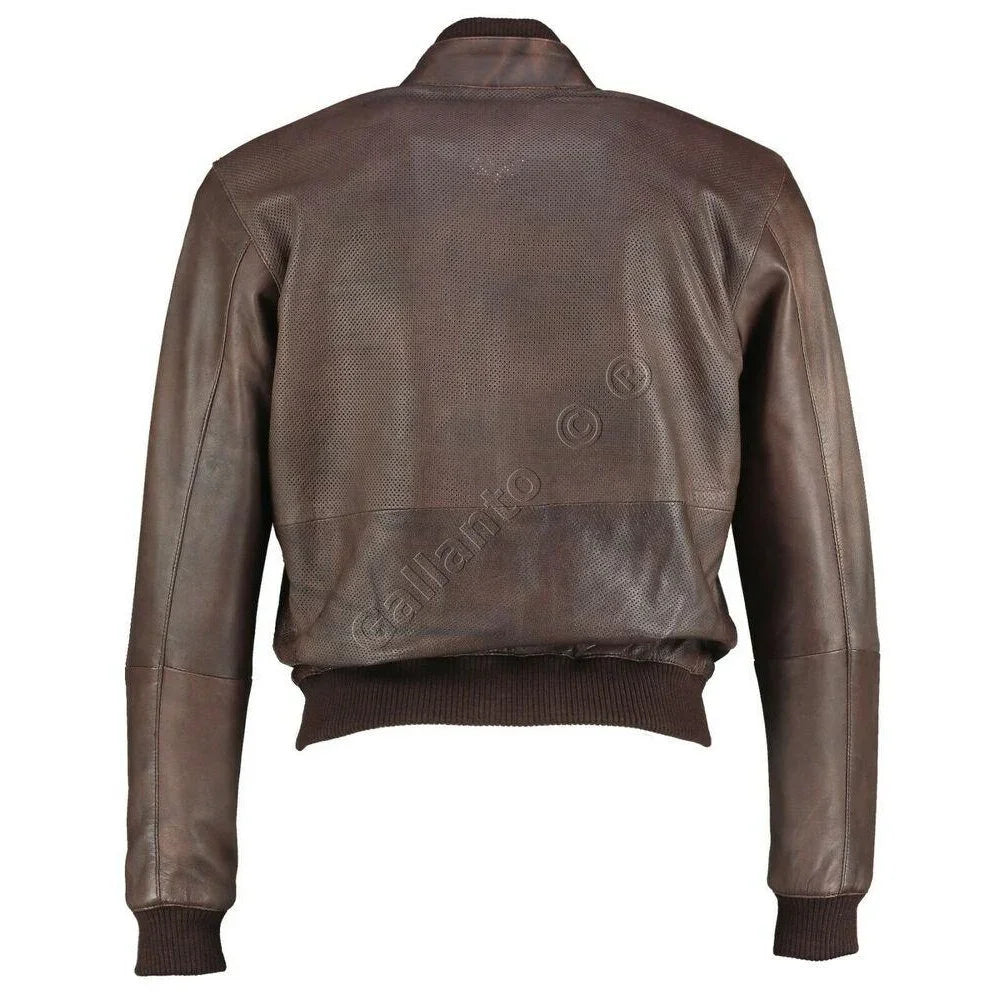 Perforated Brown Bomber Vintage Motorcyle Leather Jacket
