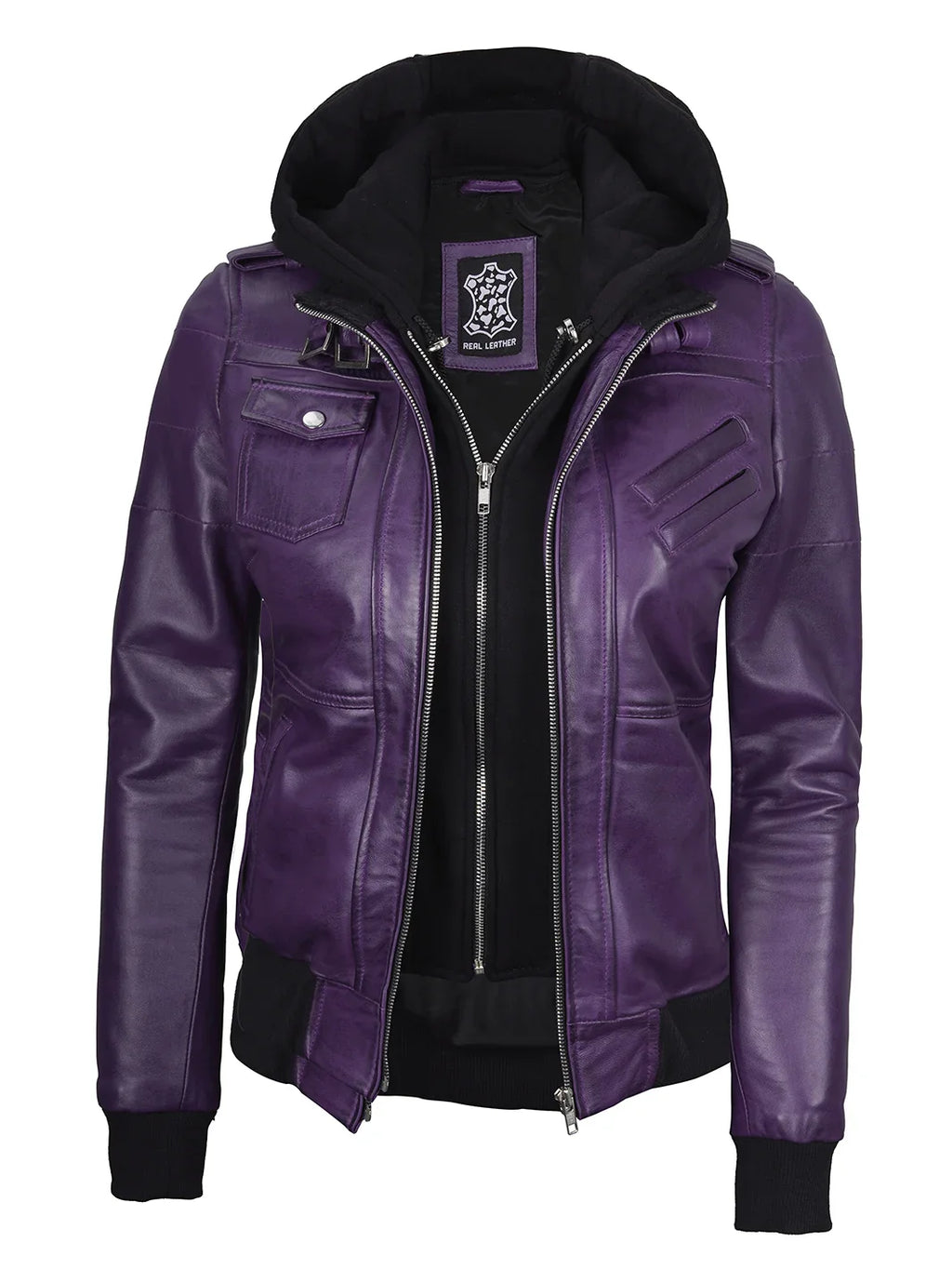 Women's Purple Real Leather Jacket with Removable Hood