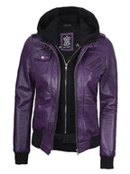 Women's Purple Real Leather Jacket with Removable Hood