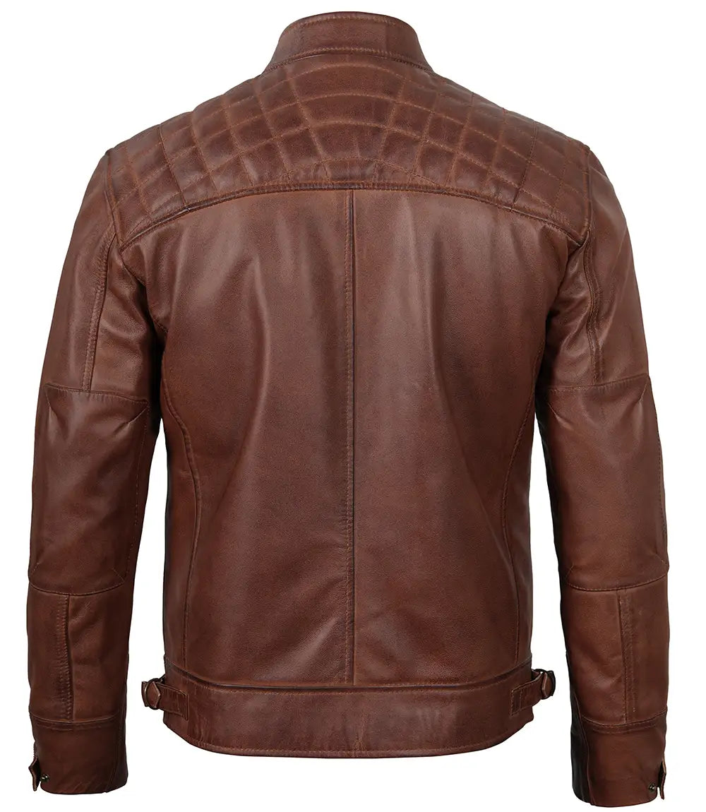 Mens Tall Cognac Brown Cafe Racer Style Leather Jacket