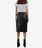 Women's Black Midi Leather Pencil Skirt with Back Slit