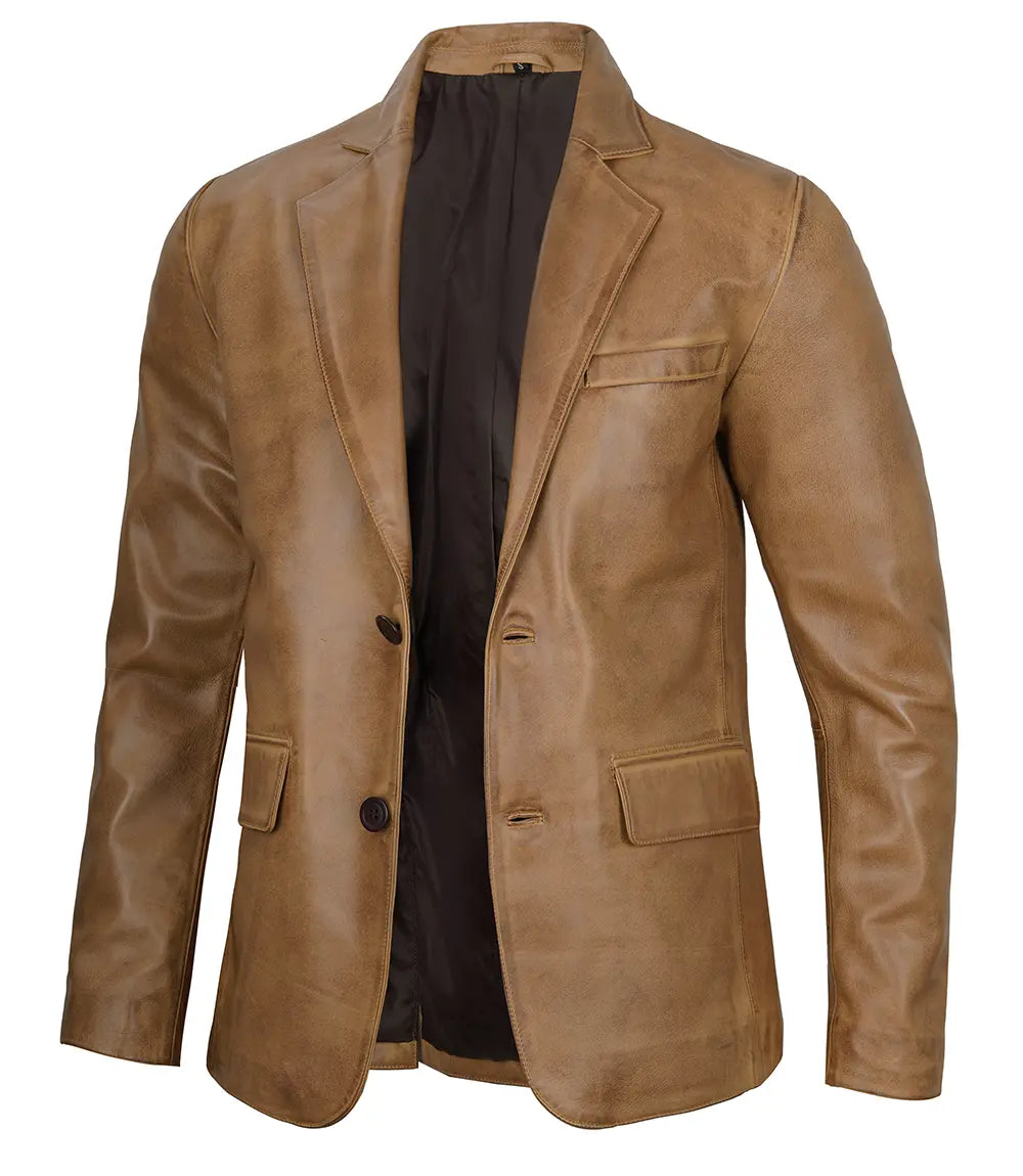 Mens Two Button Camel Brown Leather Blazer