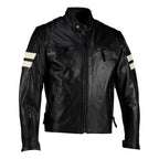 Roma Black Distressed Creme Stripes Cruiser Biker Leather Jacket