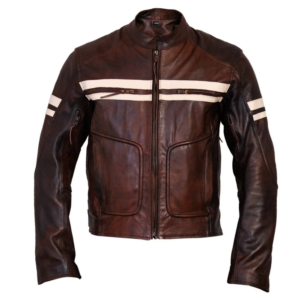 Roma Brown Distressed Cruiser Creme Stripes Biker Leather Jacket