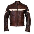Roma Brown Distressed Cruiser Creme Stripes Biker Leather Jacket