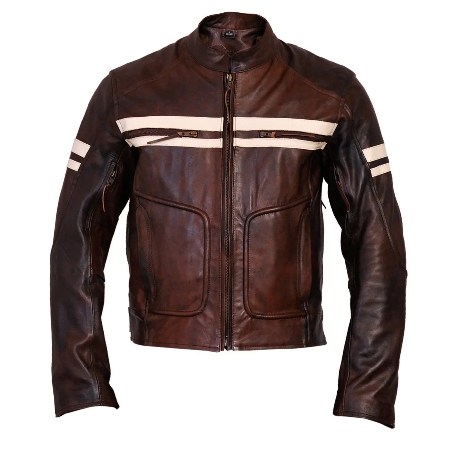 Roma Brown Distressed Cruiser Creme Stripes Biker Leather Jacket