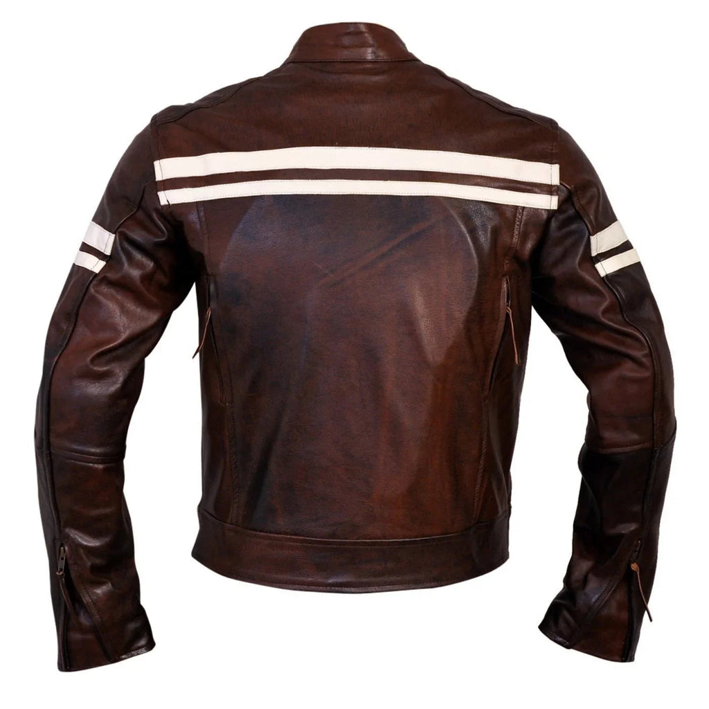 Roma Brown Distressed Cruiser Creme Stripes Biker Leather Jacket