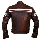 Roma Brown Distressed Cruiser Creme Stripes Biker Leather Jacket