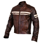Roma Brown Distressed Cruiser Creme Stripes Biker Leather Jacket