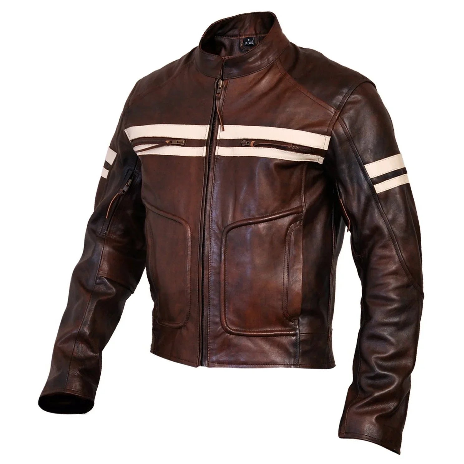 Roma Brown Distressed Cruiser Creme Stripes Biker Leather Jacket