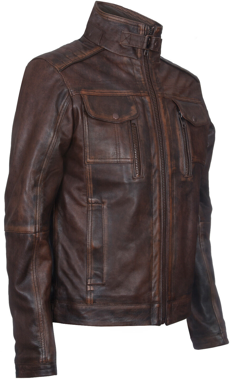 Mens Vintage Leather Biker Distressed Motorcycle Jacket