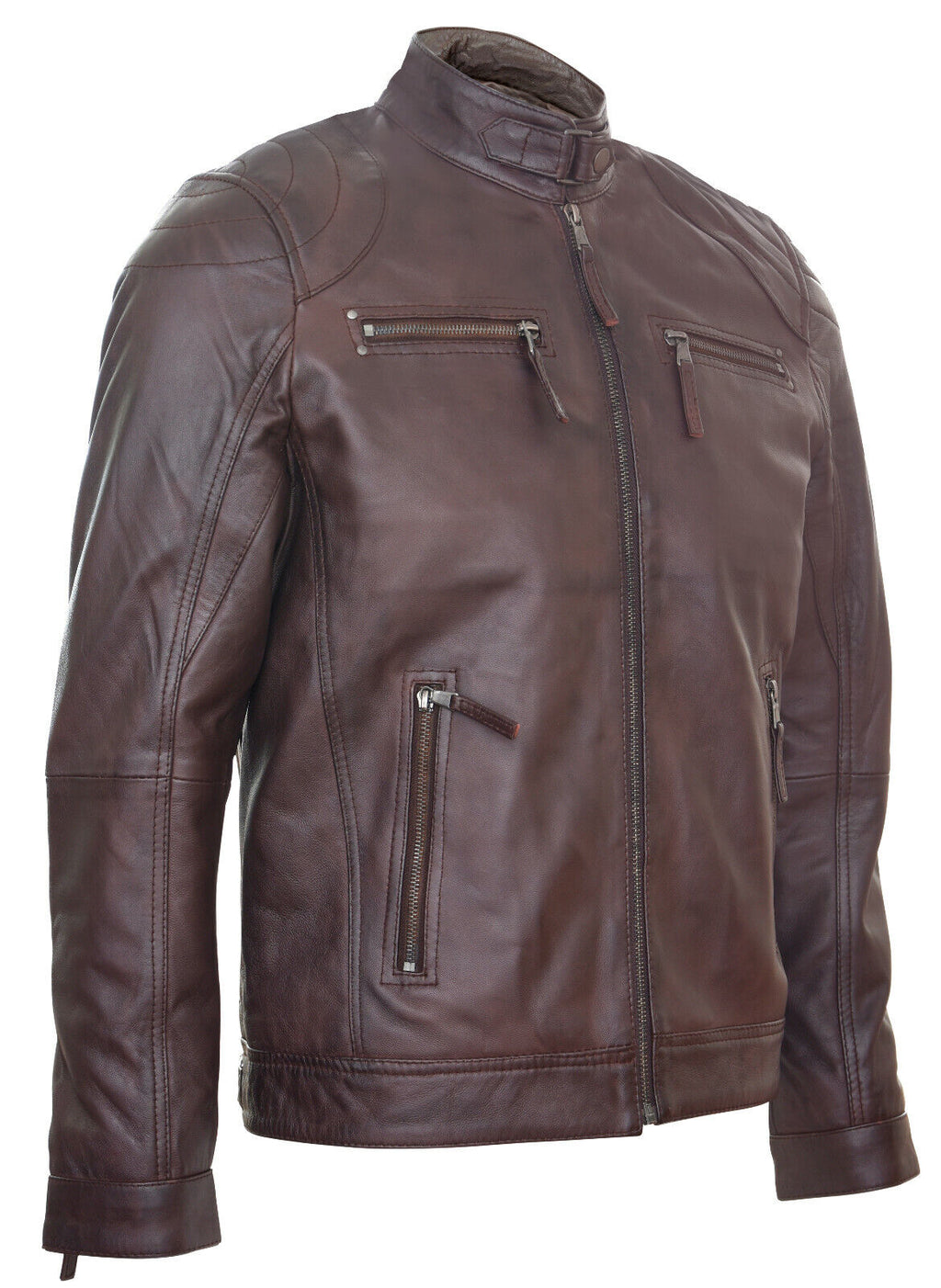 Mens Leather Biker Vintage Zipped Racing Jacket