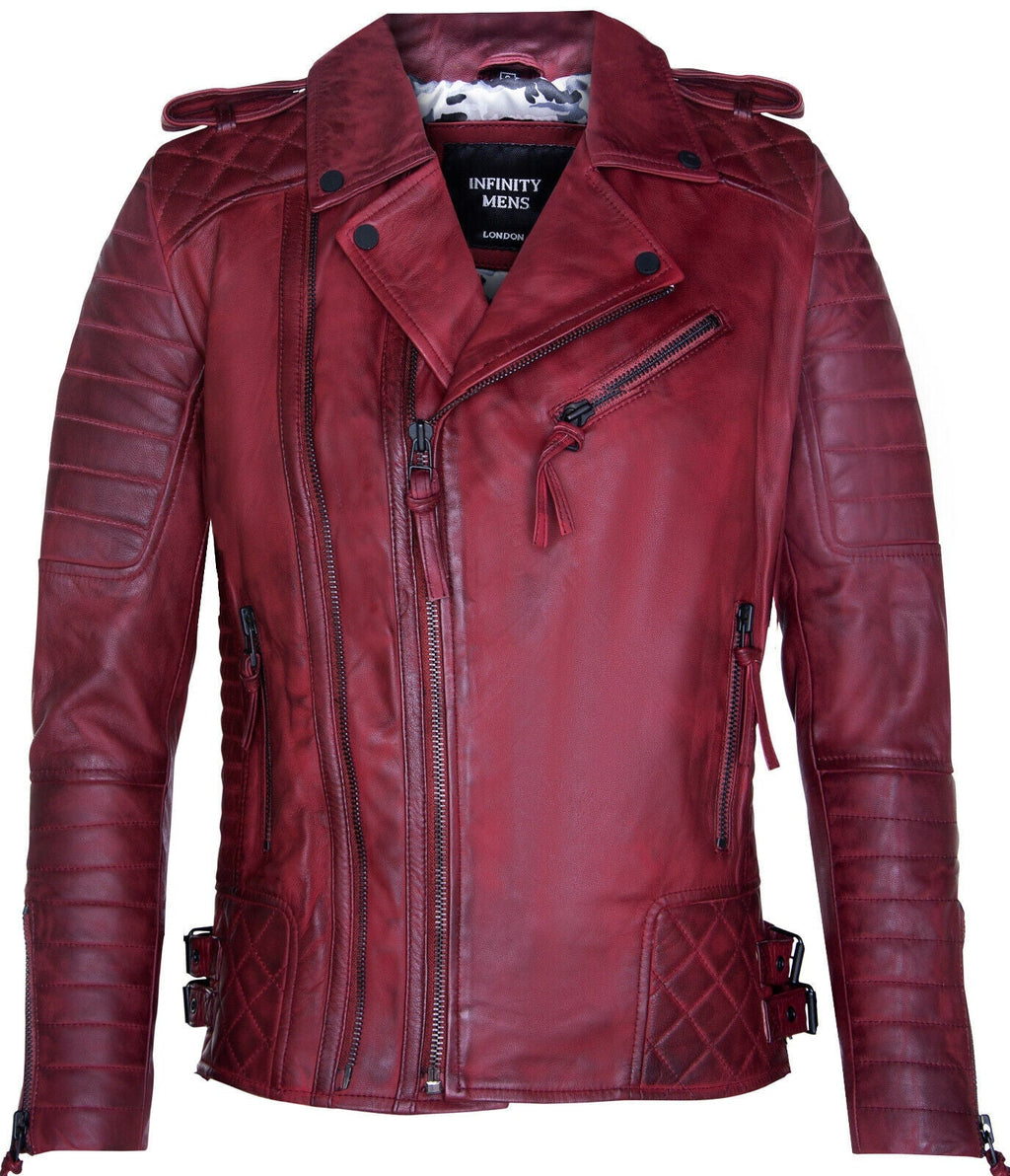 Mens Leather Biker Quilted Brando Motorcycle Jacket