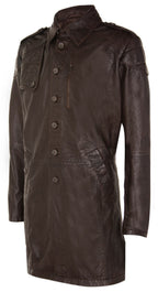 Mens Soft Long Military Trench Distressed Leather Coat