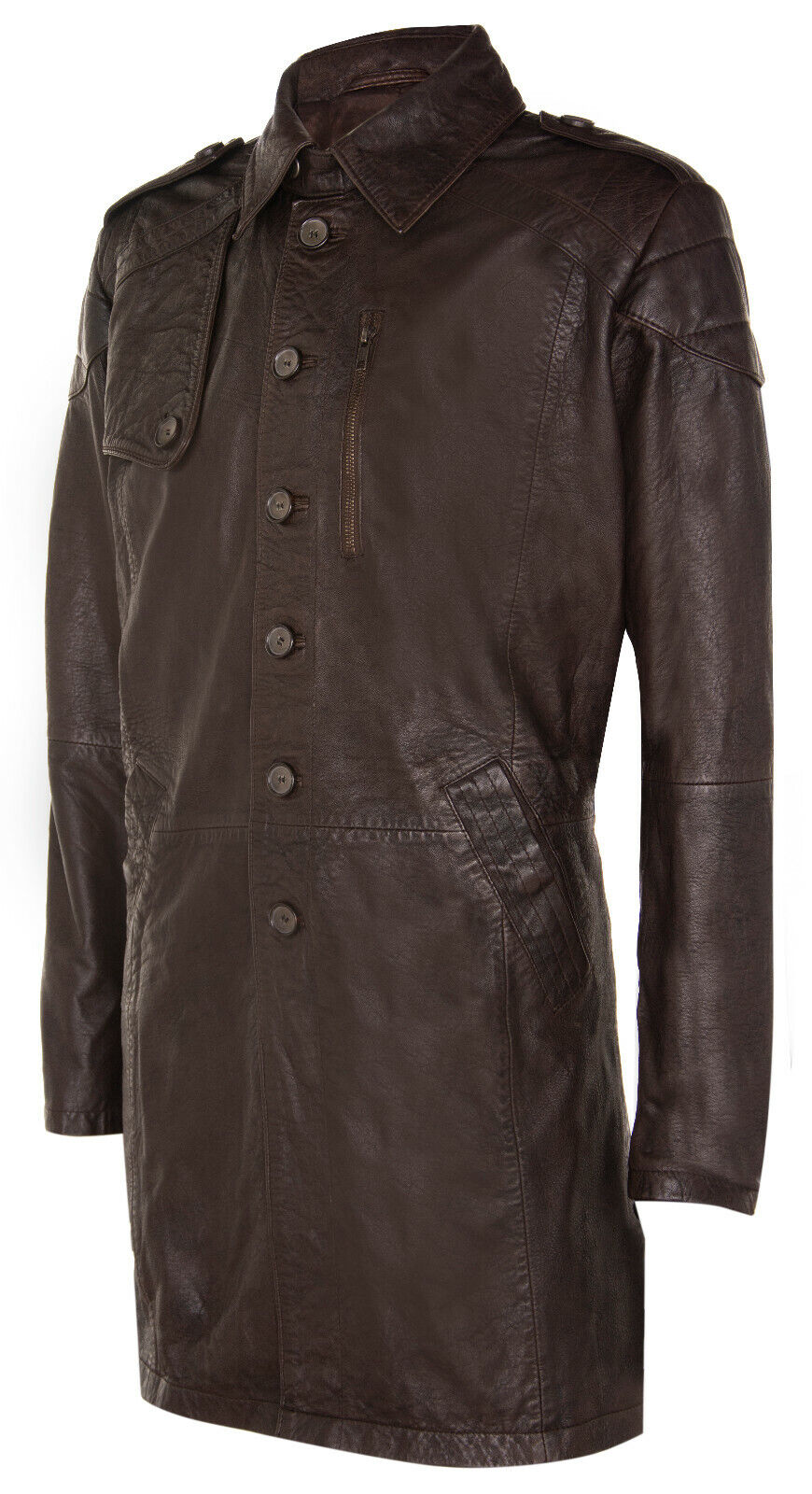 Mens Soft Long Military Trench Distressed Leather Coat