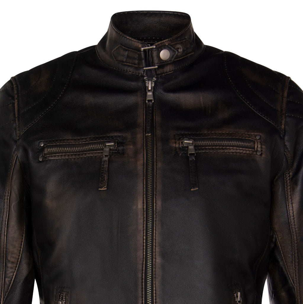 Mens Leather Biker Vintage Zipped Racing Jacket