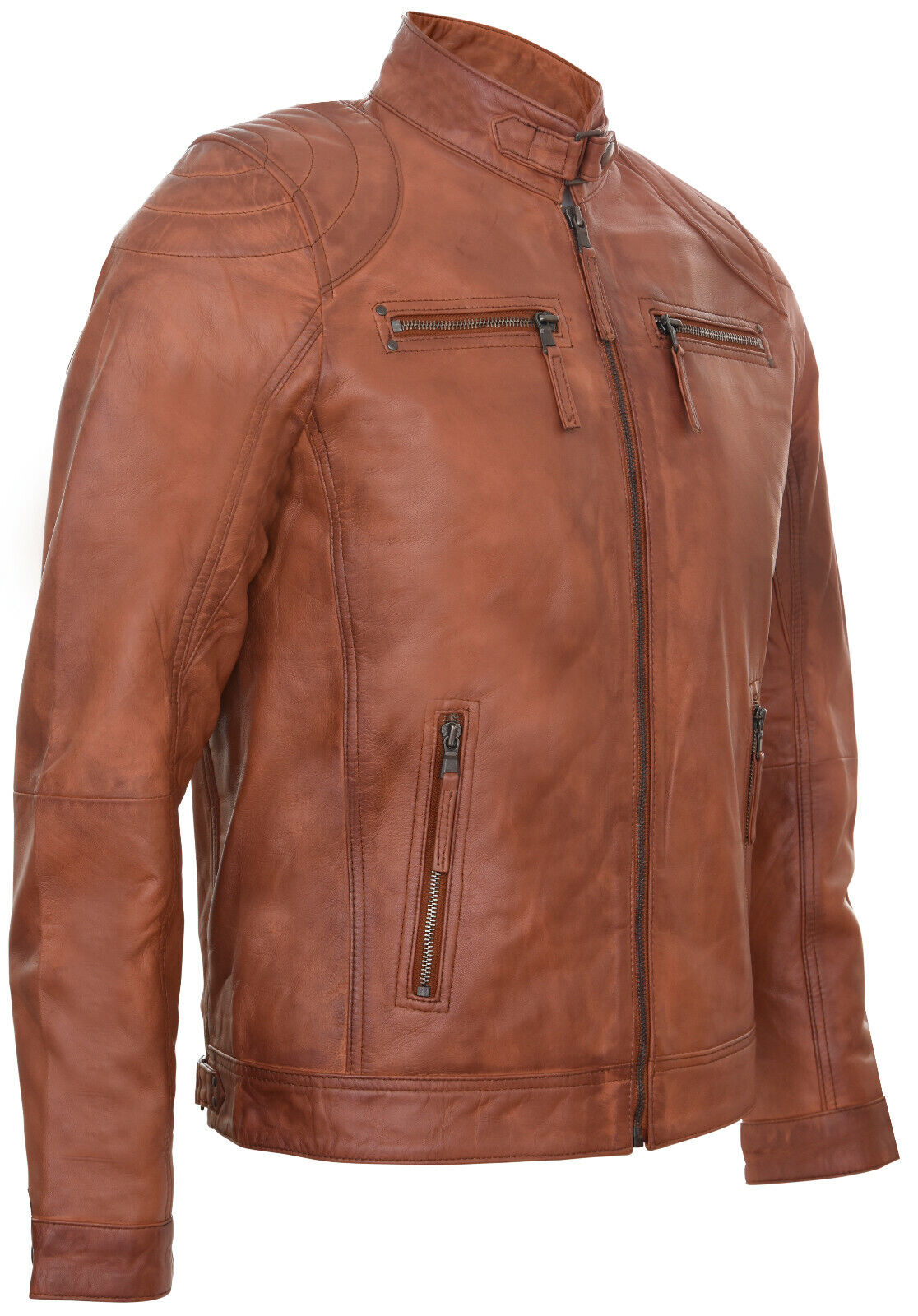 Mens Leather Biker Vintage Zipped Racing Jacket