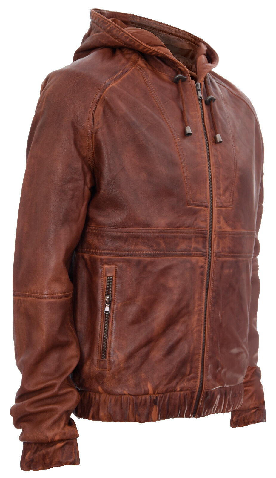 Mens Vintage Zipped Leather Hooded Bomber Biker Jacket