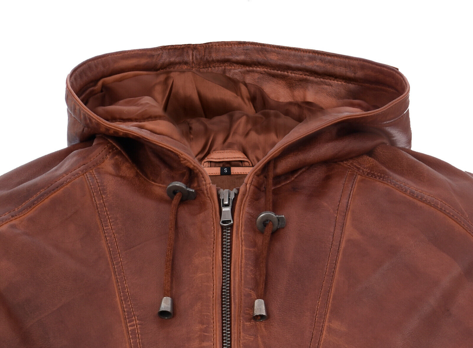Mens Vintage Zipped Leather Hooded Bomber Biker Jacket