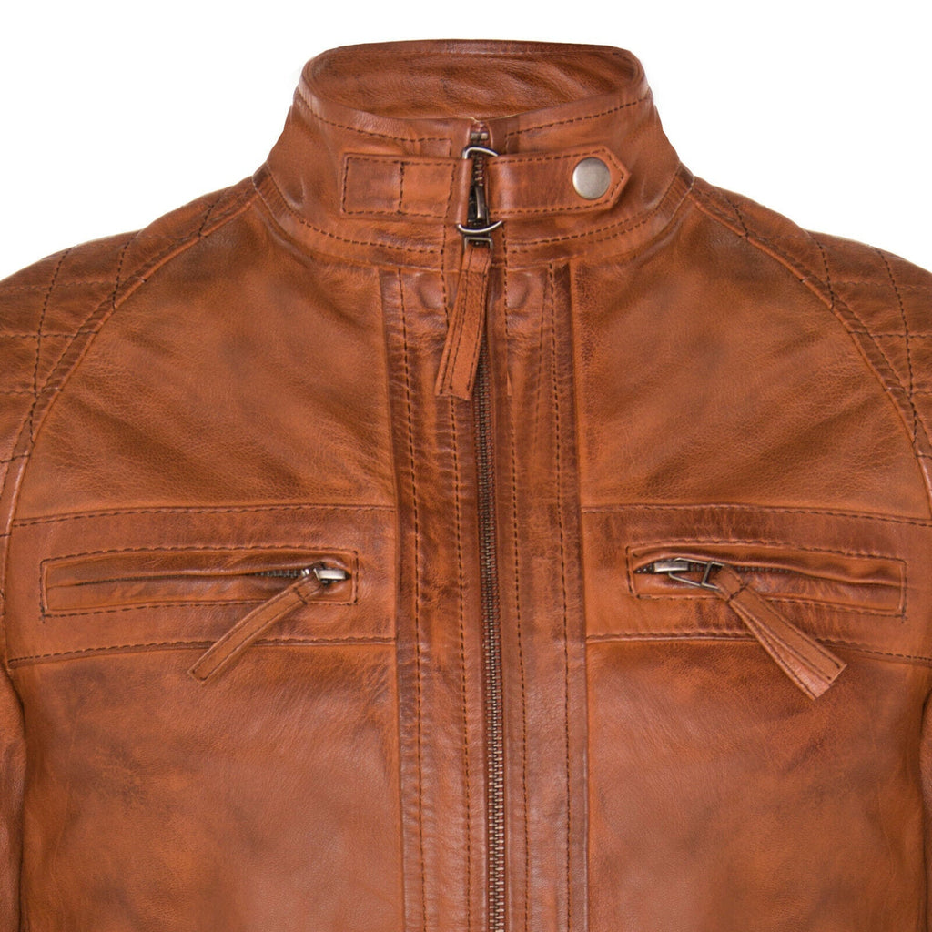 Men's Vintage Zipped Leather Racing Quilted Biker Jacket