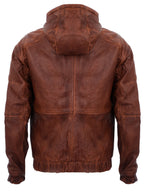 Mens Vintage Zipped Leather Hooded Bomber Biker Jacket