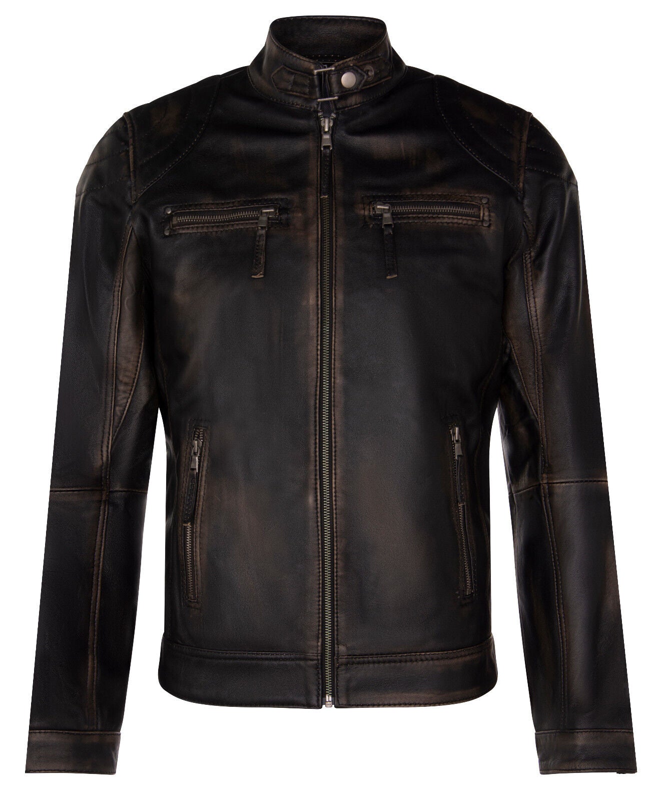 Mens Leather Biker Vintage Zipped Racing Jacket