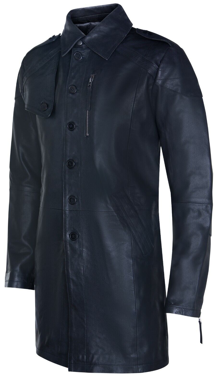 Mens Soft Long Military Trench Distressed Leather Coat