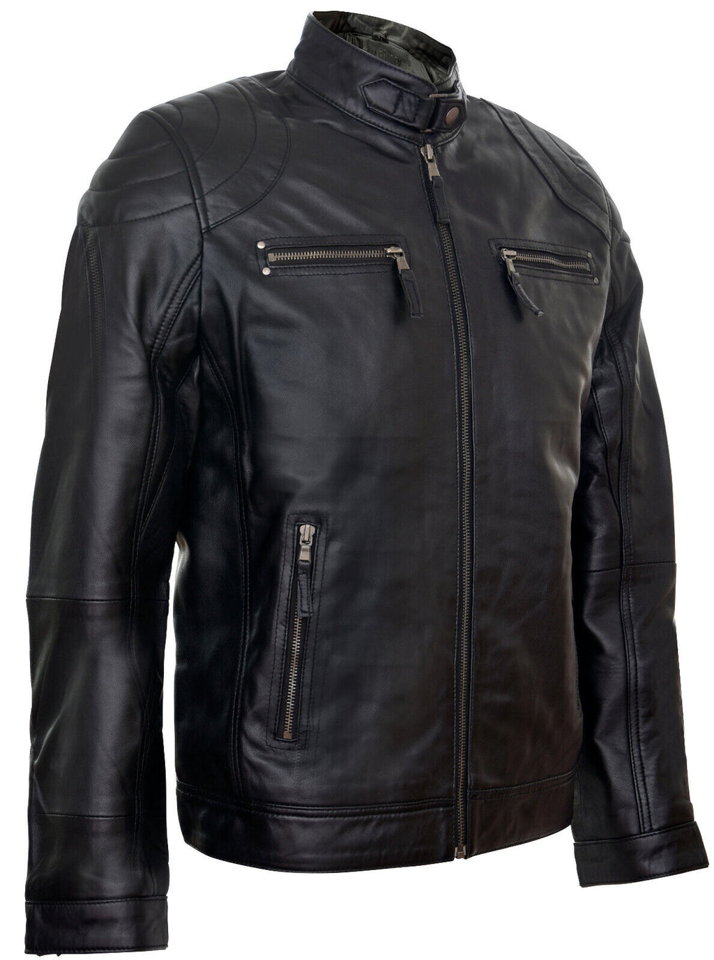 Mens Leather Biker Vintage Zipped Racing Jacket