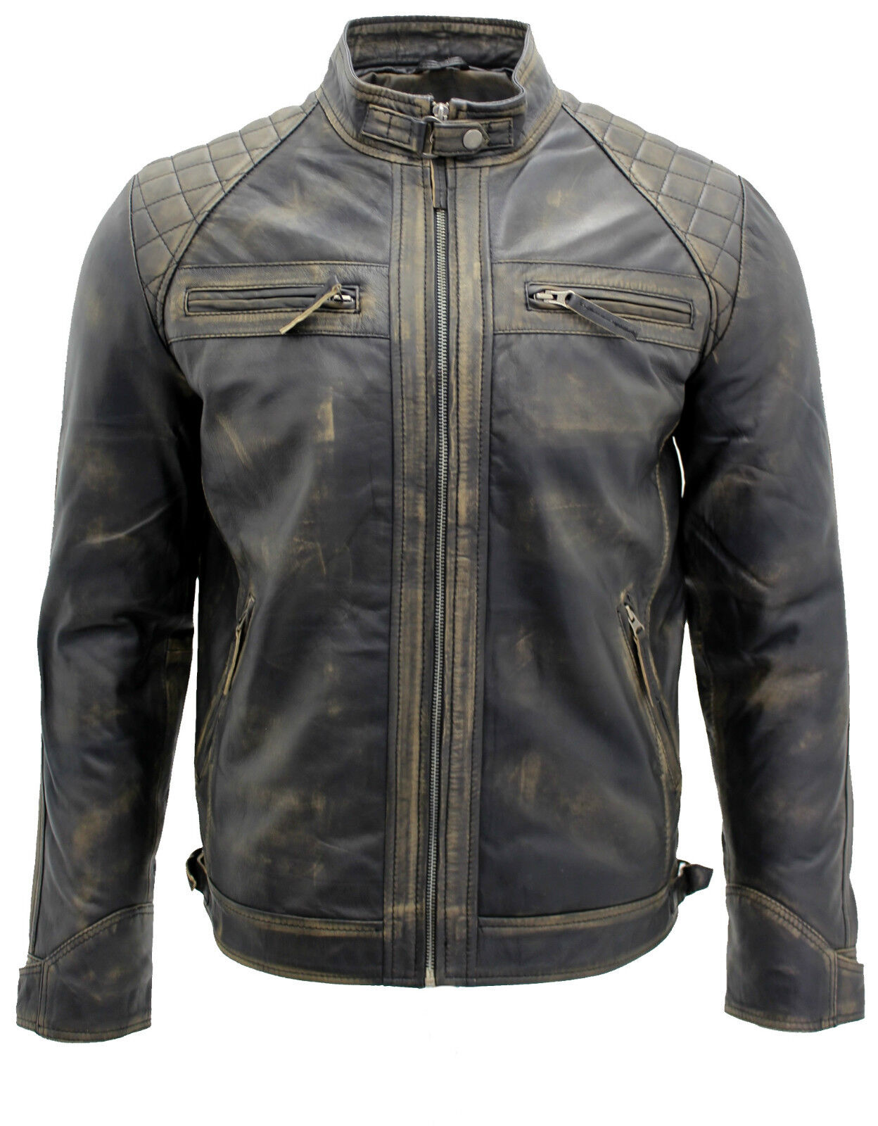 Men's Vintage Zipped Leather Racing Quilted Biker Jacket
