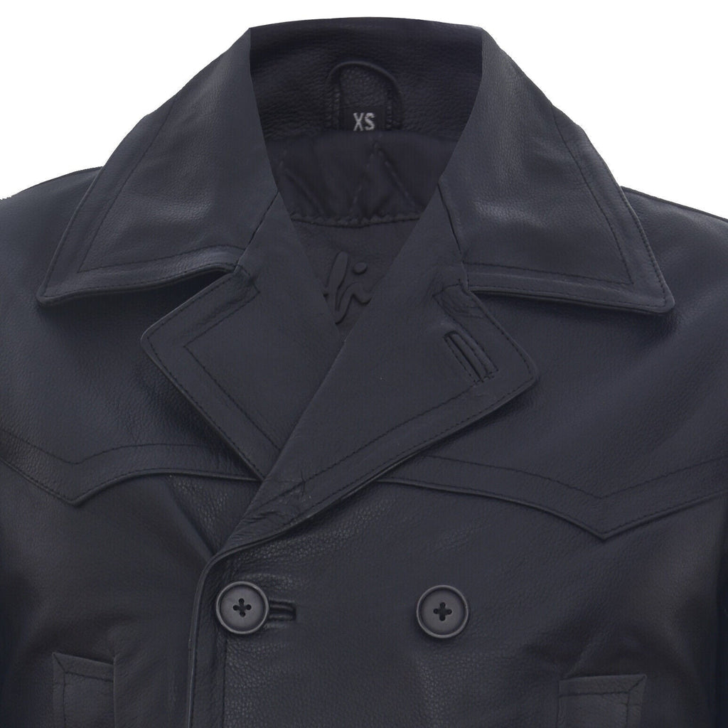 Mens Cow Hide Dr Who Naval German Pea Coat Leather Jacket